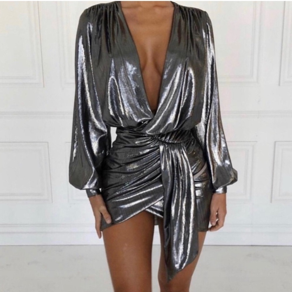 HOUSE OF CB ALVONA METALLIC SILVER DRAPE MINI DRESS